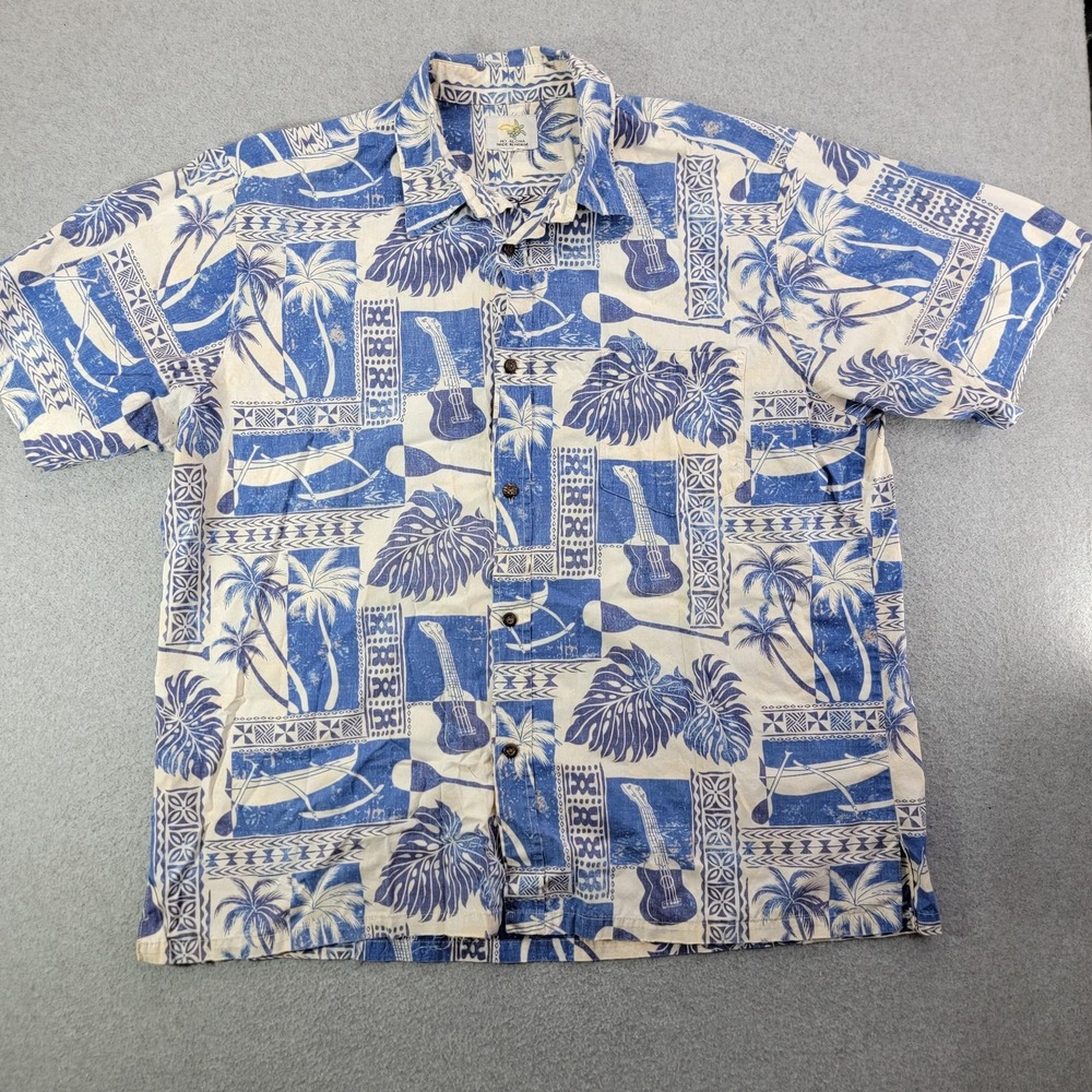 Ho Aloha Hawaiian Shirt Mens XL Blue Print Short Sleeve Button Made In Hawaii